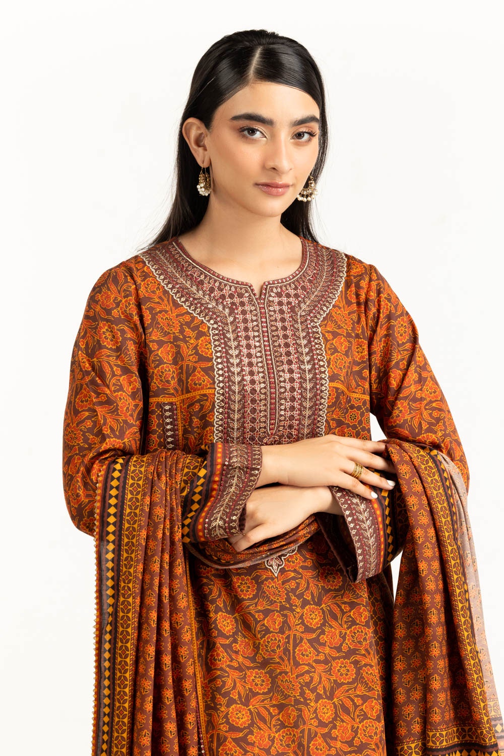 3PC raw-silk Printed Suit With Embroidered