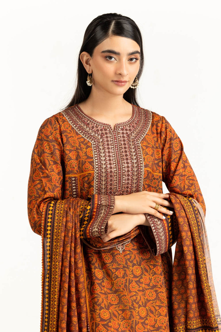 3PC raw-silk Printed Suit With Embroidered