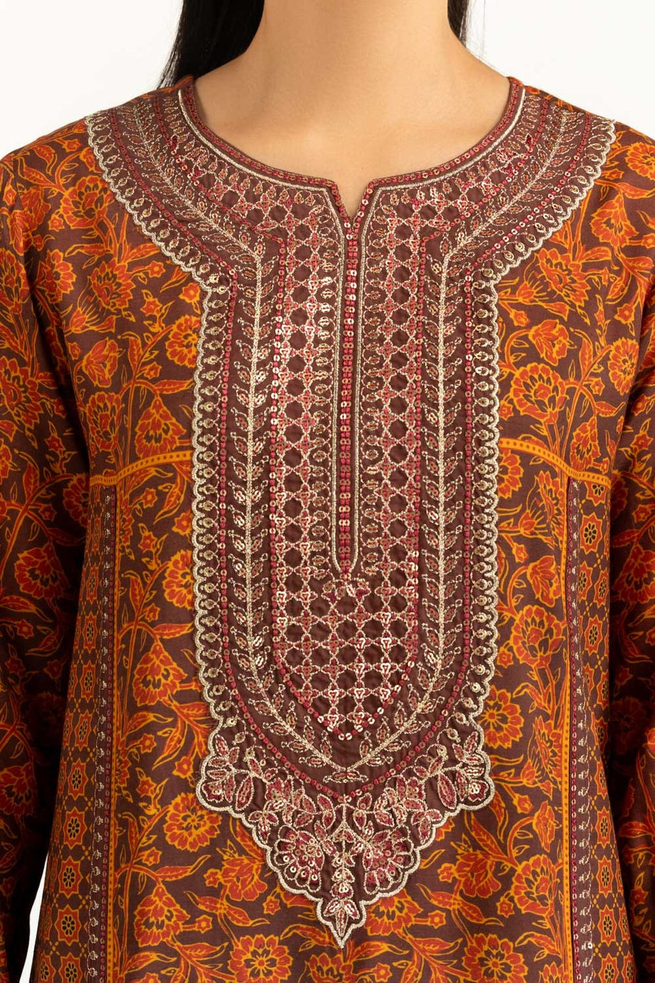 3PC raw-silk Printed Suit With Embroidered