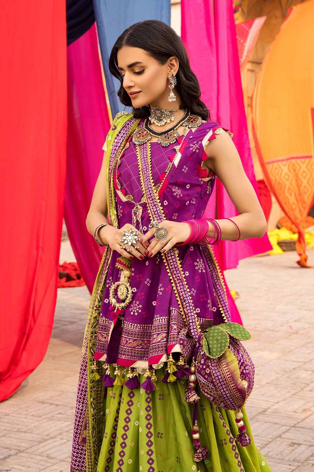 3 Piece Chunri Lawn Unstitched Gold Printed Lehenga