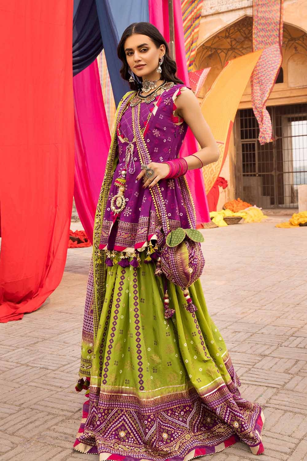 3 Piece Chunri Lawn Unstitched Gold Printed Lehenga