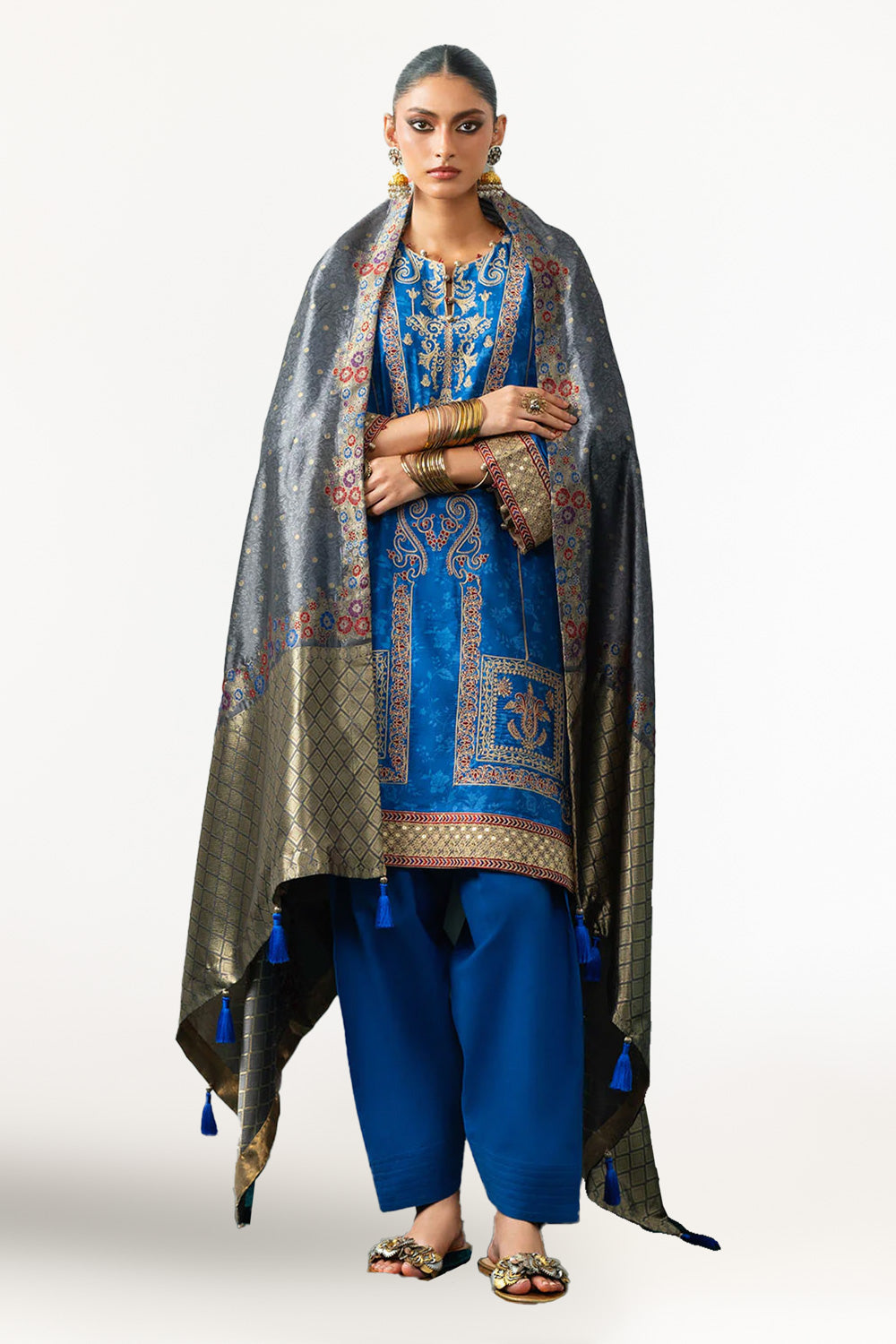 3 Piece Embroidered Linen Suit with Jacquard Dupatta