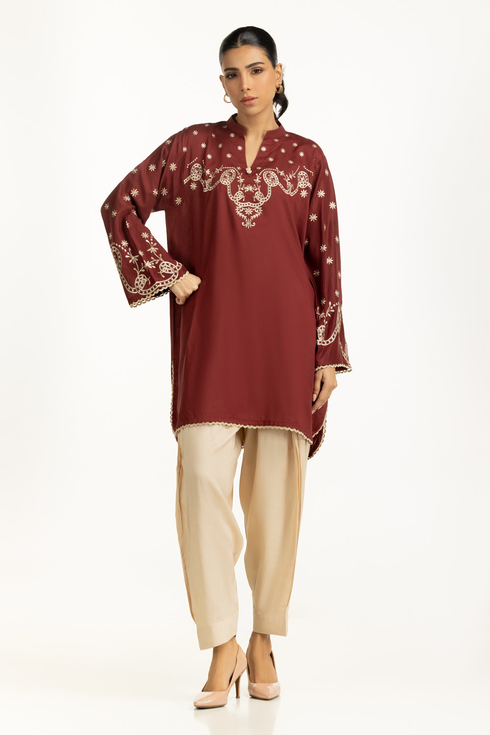 Arabic Linen Embroidered Shirt And Dyed Shalwar IUSTTS-1182