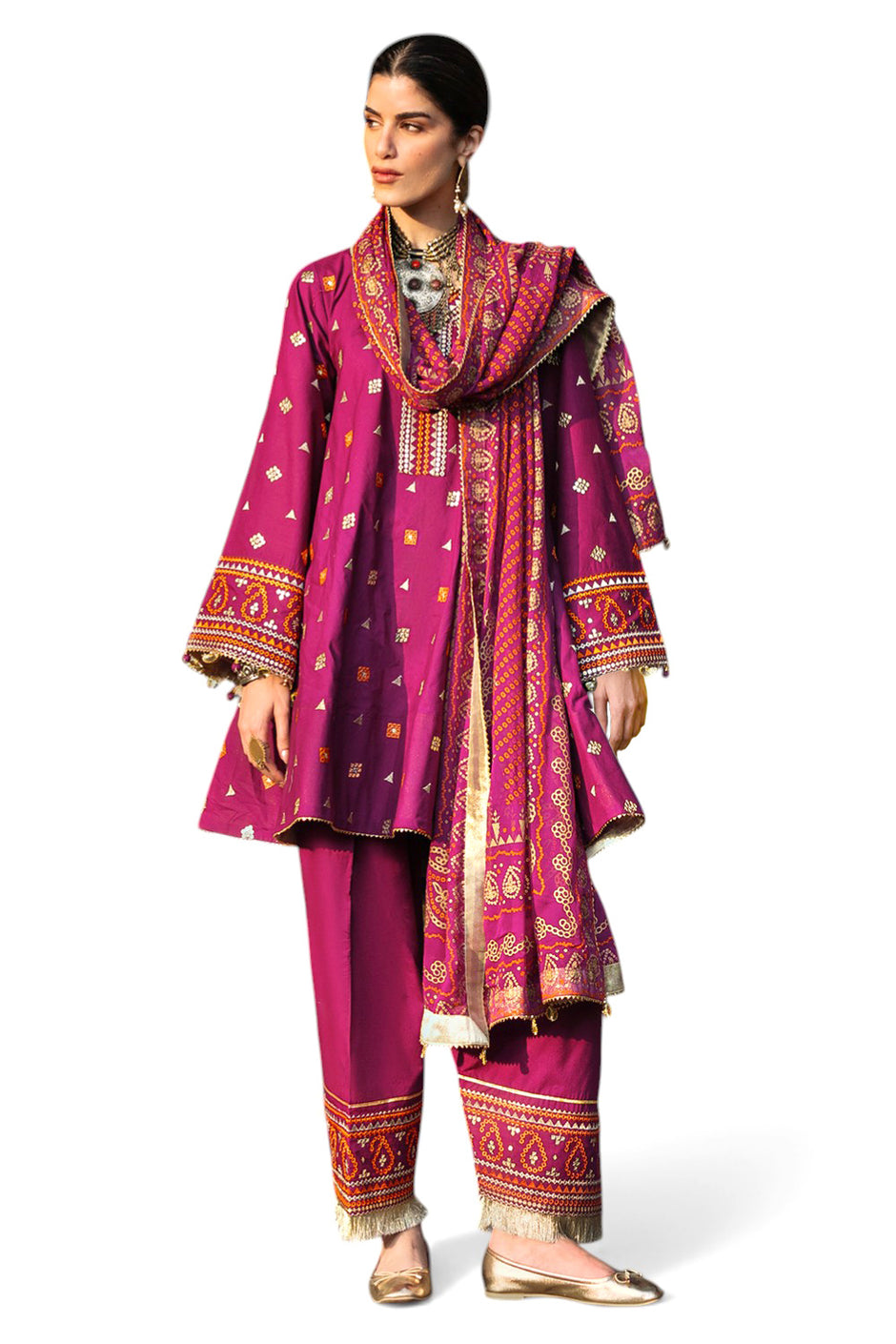 3 Piece Embroidered Lawn Suit with Gold and Lacquer Printed Chiffon Dupatta and Dyed Trouser
