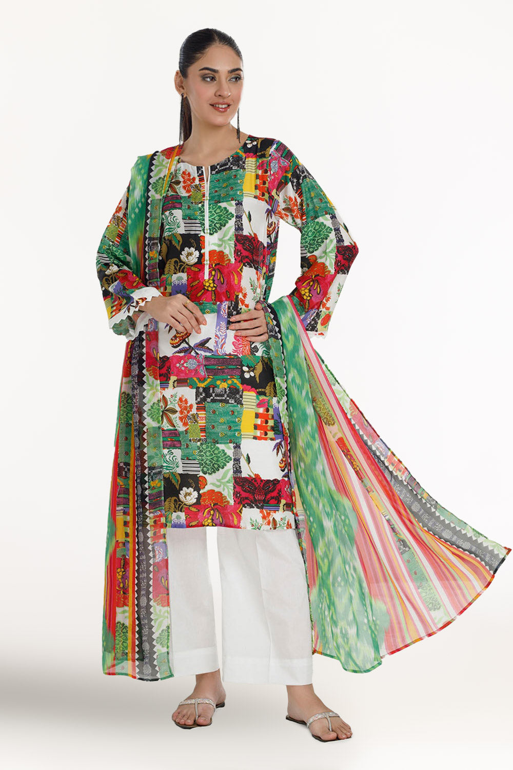 3 Piece Unstitched Printed Pure Bamboo Silk Suit with Printed Chiffon Dupatta