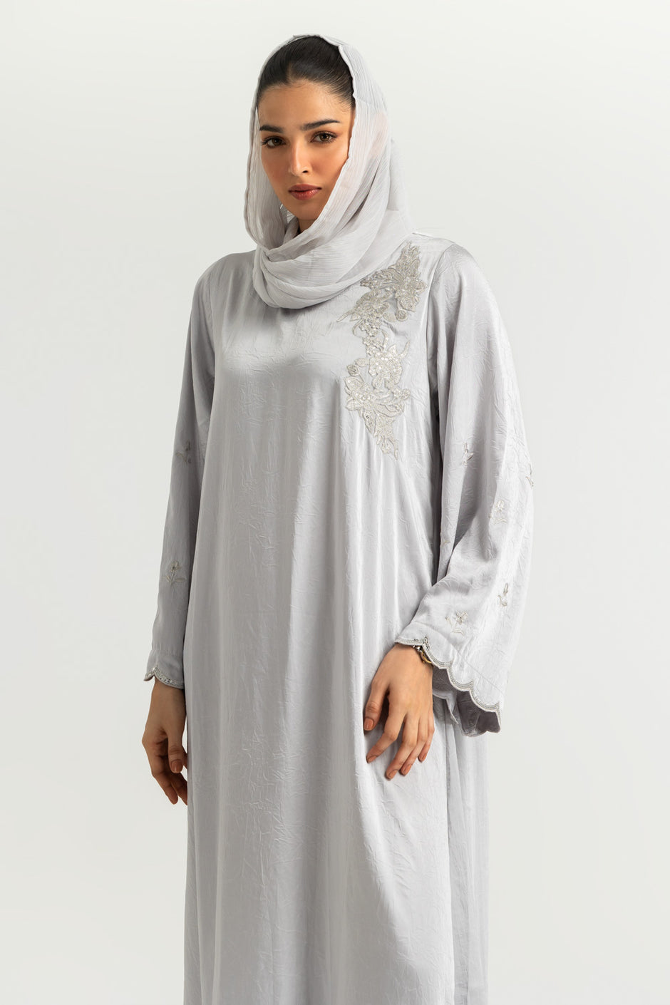 Blended Embroidered Crush Abaya With Zari Stripe Scarf