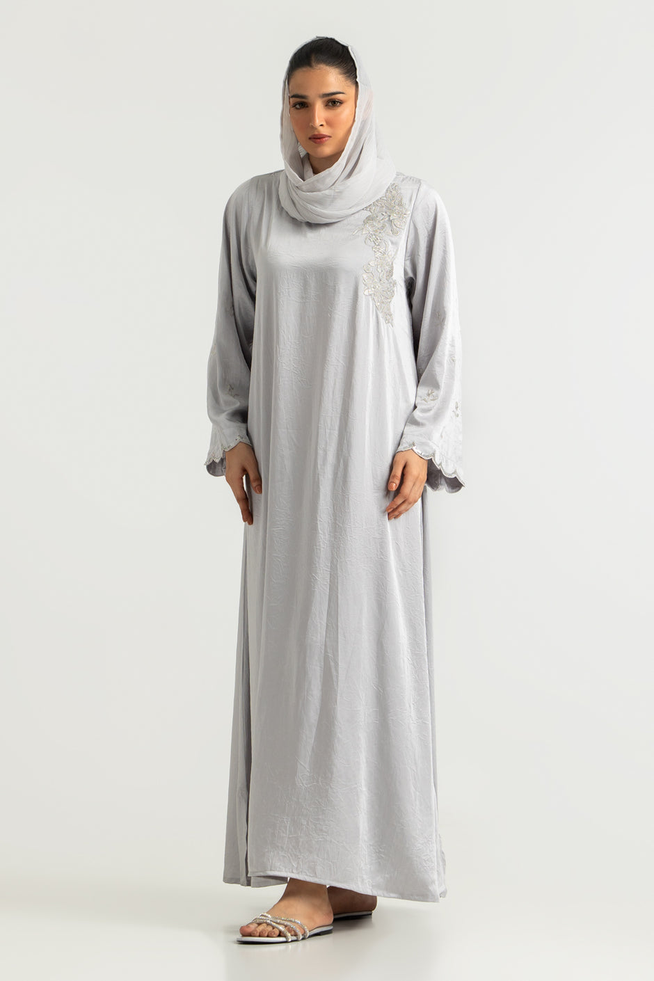 Blended Embroidered Crush Abaya With Zari Stripe Scarf