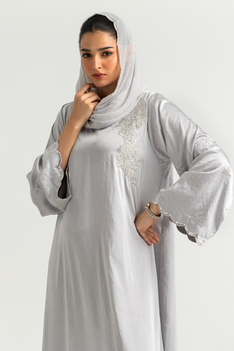 Blended Embroidered Crush Abaya With Zari Stripe Scarf