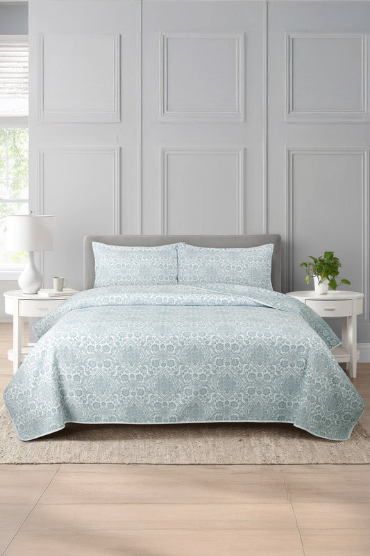 Blue Tile Multi Layer Jacquard Bed Spread Set