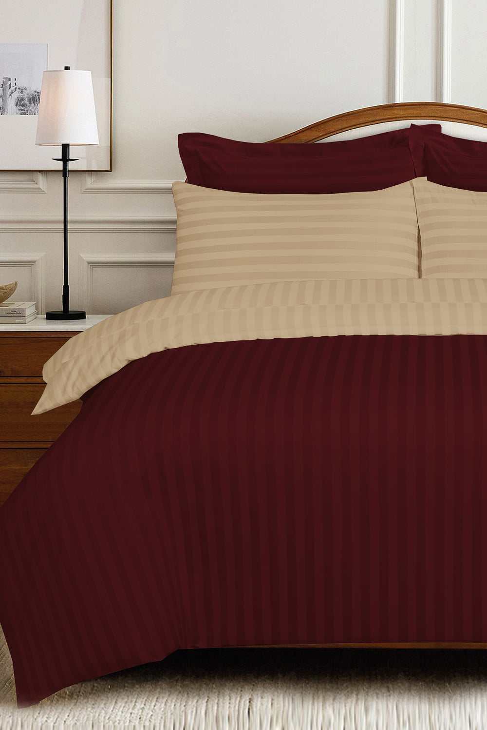 Burgundy Deep and Almond Buff Luxury Stripe Quilt Cover Set