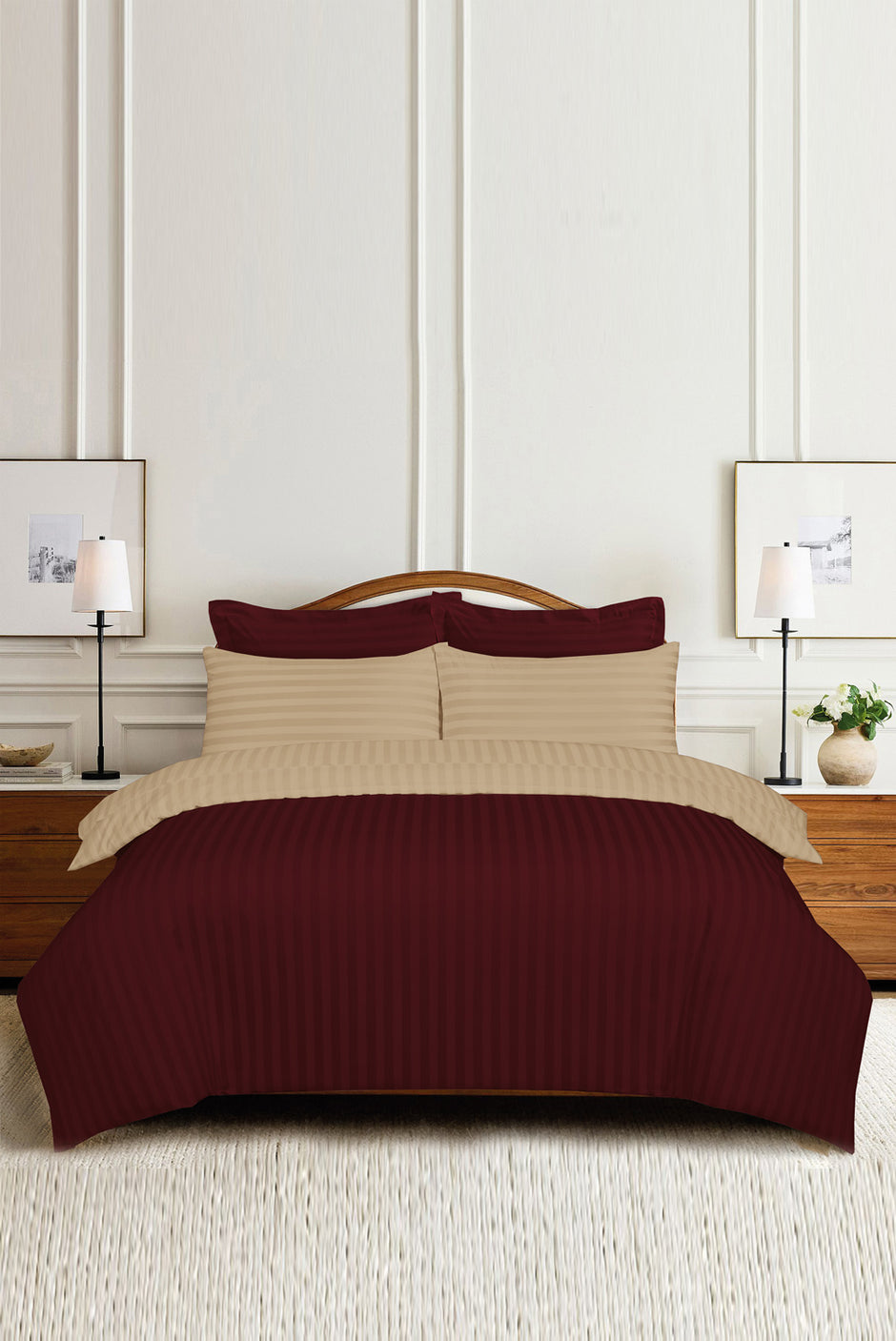 Burgundy Deep and Almond Buff Luxury Stripe Quilt Cover Set