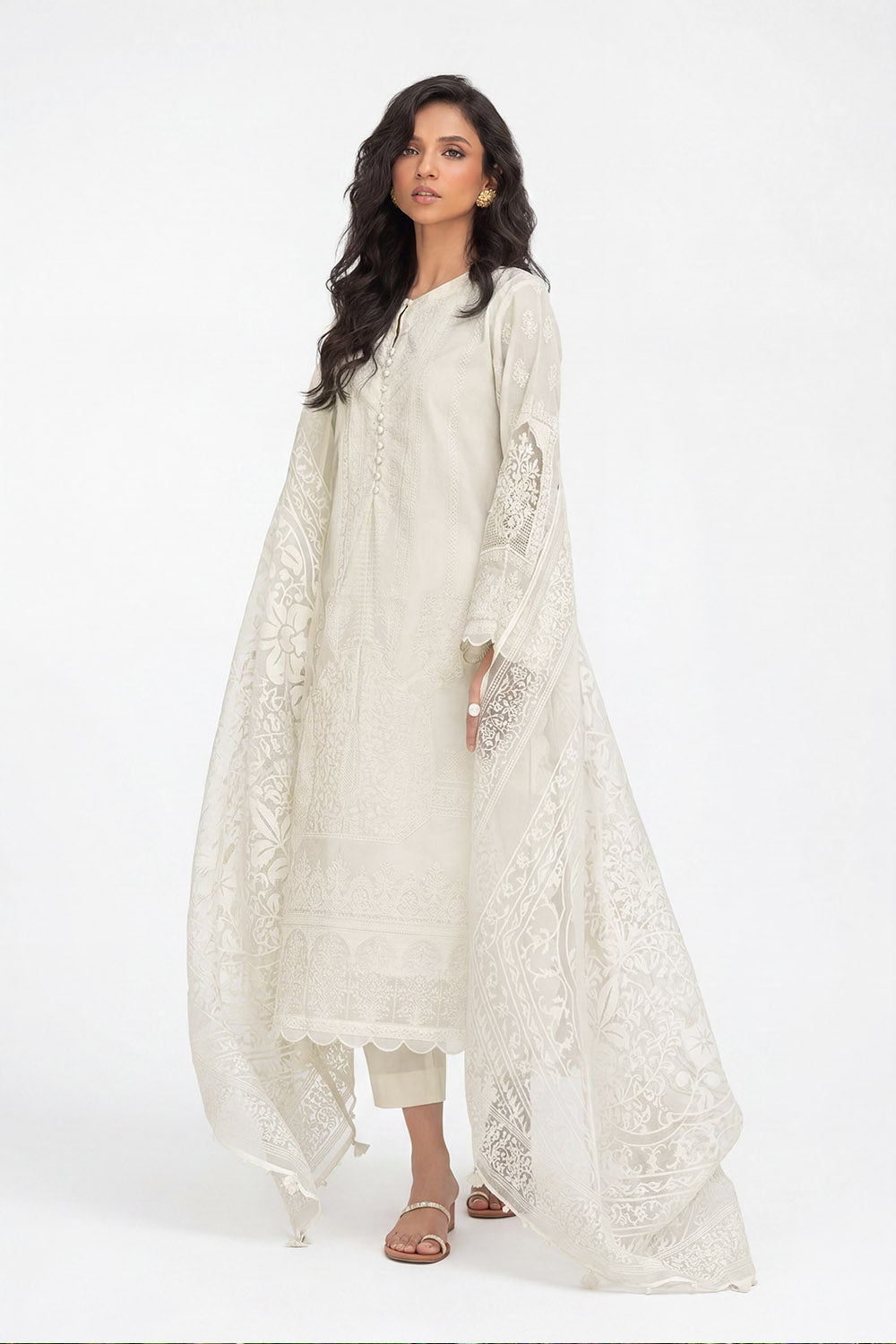 3 Piece Foam Printed Paper Cotton Suit with Inner and Embroidered Organza Details and Burnout Printed Poly Silk Dupatta