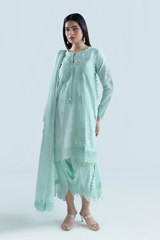 3 Piece Embroidered Lawn Suit with Borders, Bunches and Silk Dupatta FE-52079