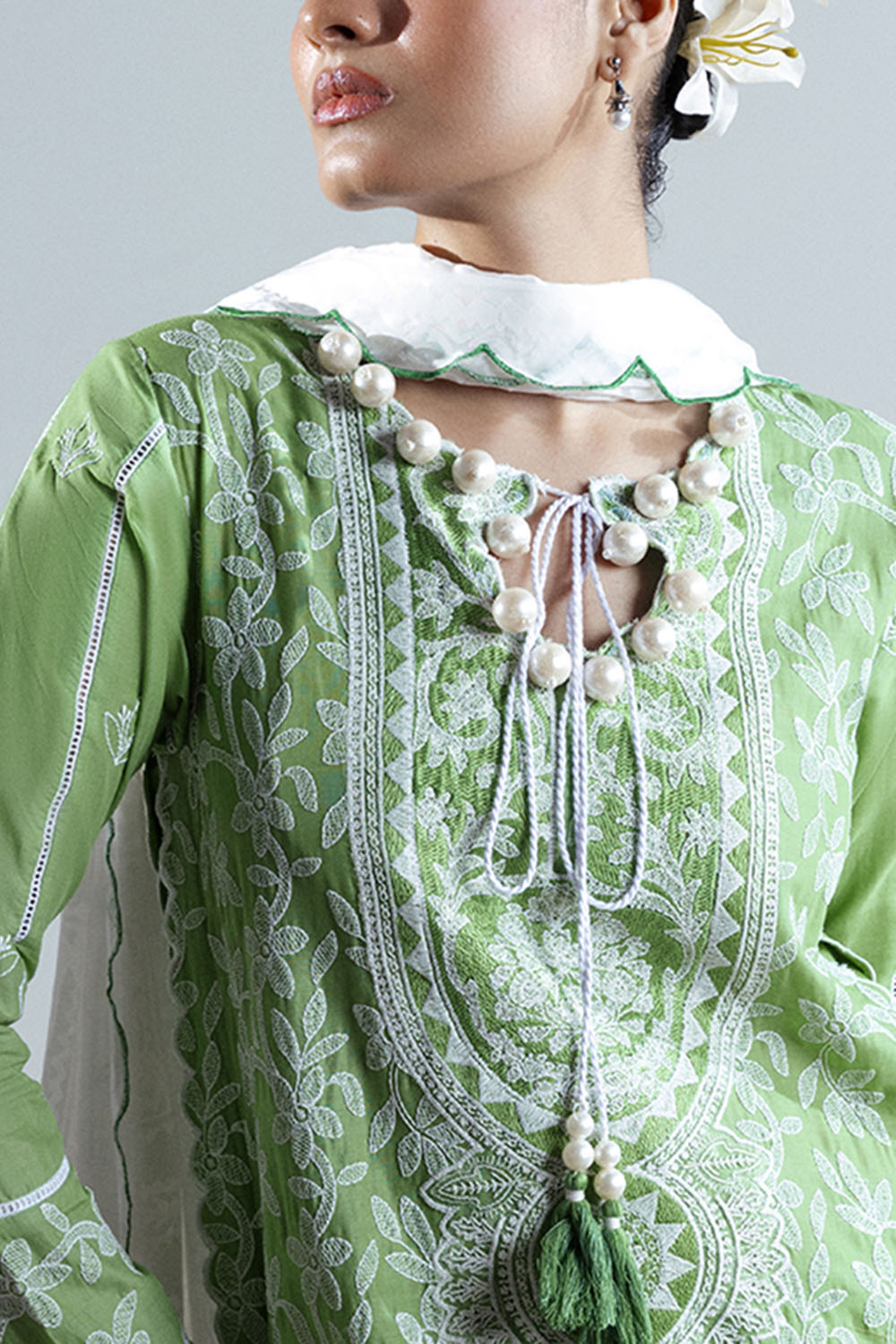 3 Piece Embroidered Lawn Suit with Neckline, Bunches and Silk Dupatta