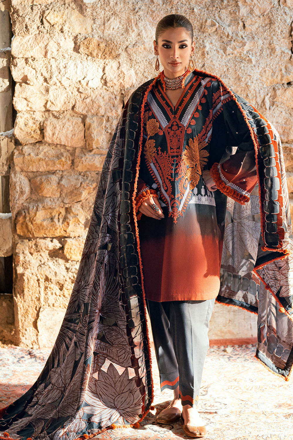 3 Piece Burnout Velvet Suit with Embroidered Printed Khaddar Shirt and Dyed Trouser BVL-52001