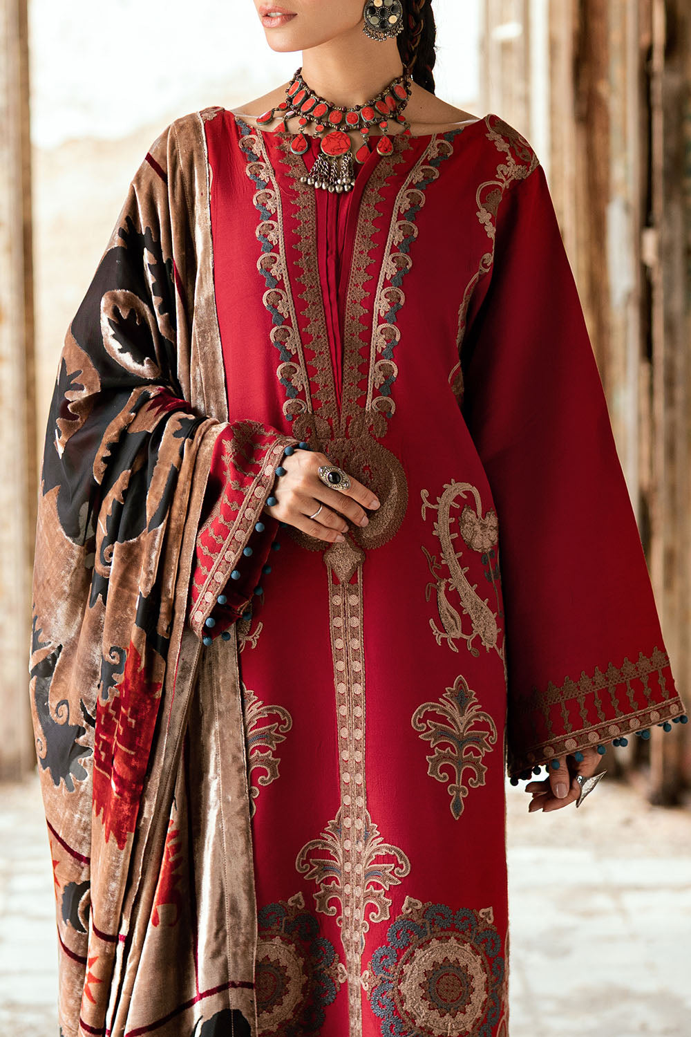 3 Piece Burnout Velvet Suit with Embroidered Raw Silk Shirt and Trouser BVL-52002