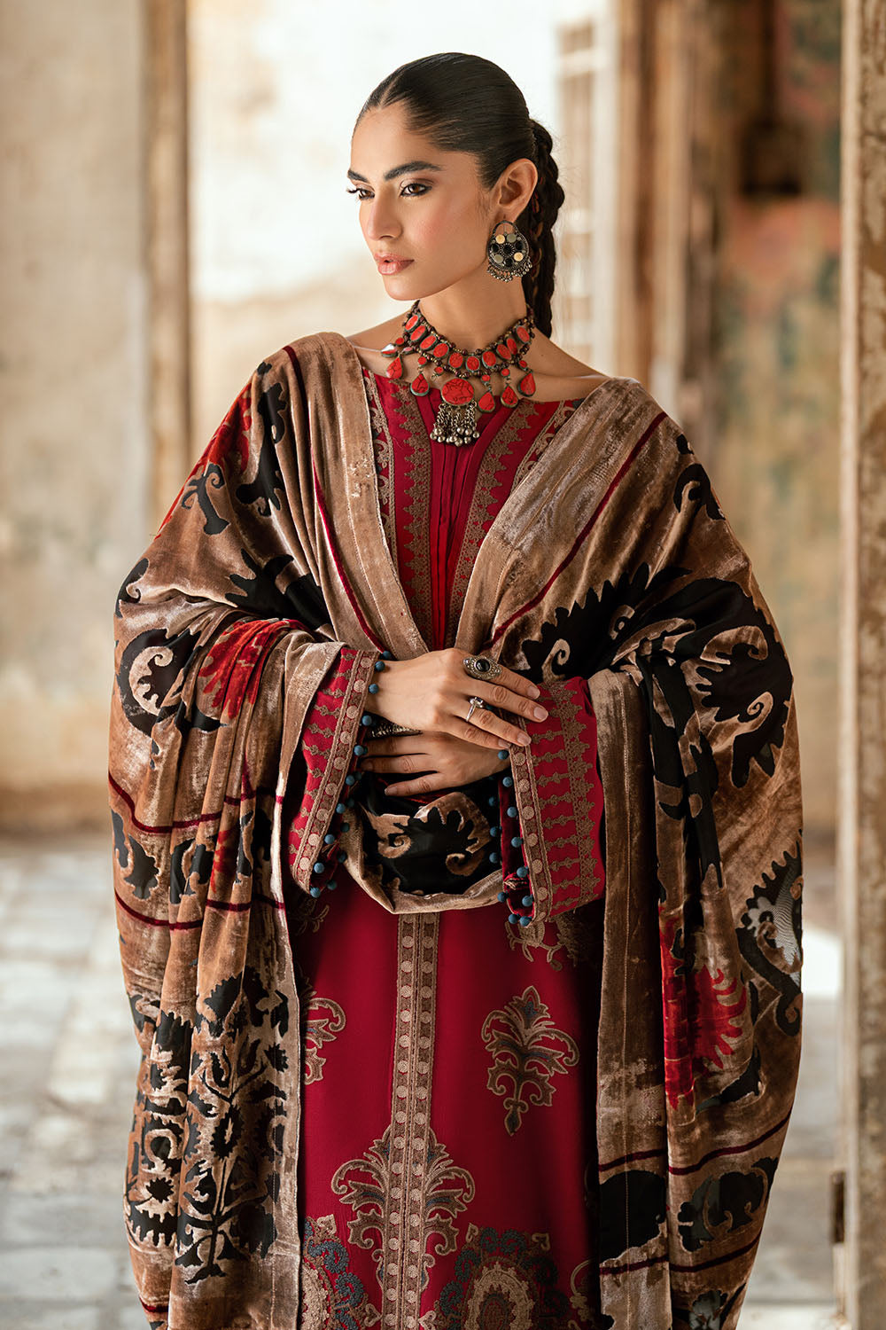 3 Piece Burnout Velvet Suit with Embroidered Raw Silk Shirt and Trouser BVL-52002