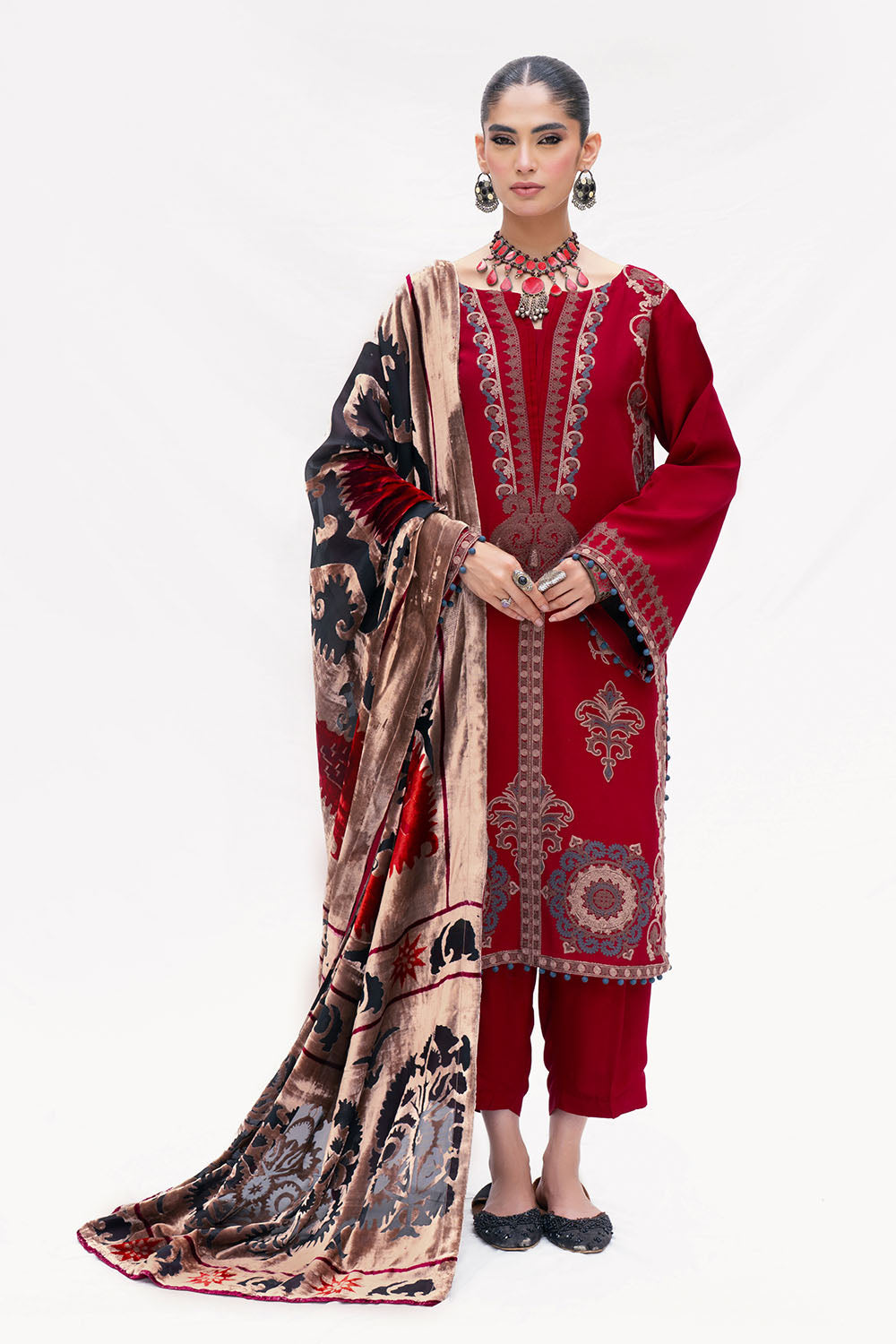 3 Piece Burnout Velvet Suit with Embroidered Raw Silk Shirt and Trouser BVL-52002