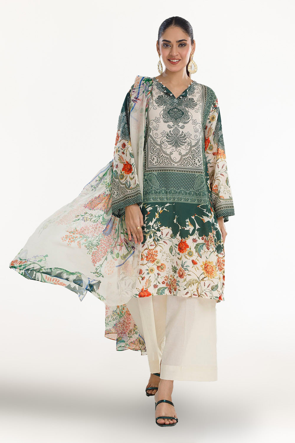 3 Piece Unstitched Printed Lawn Suit with Printed Pure Silk Chiffon Dupatta