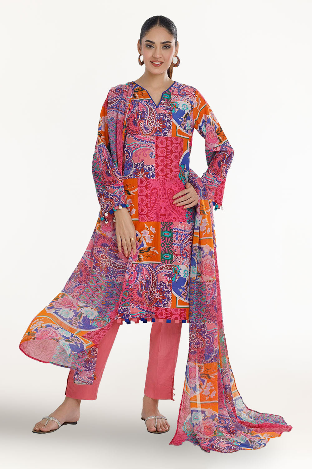3 Piece Unstitched Printed Cotton Silk Suit with Printed Chiffon Dupatta
