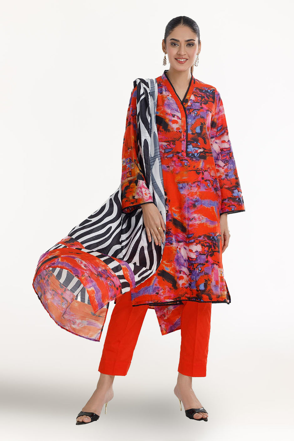 3 Piece Unstitched Printed Cotton Silk Suit with Printed Chiffon Dupatta