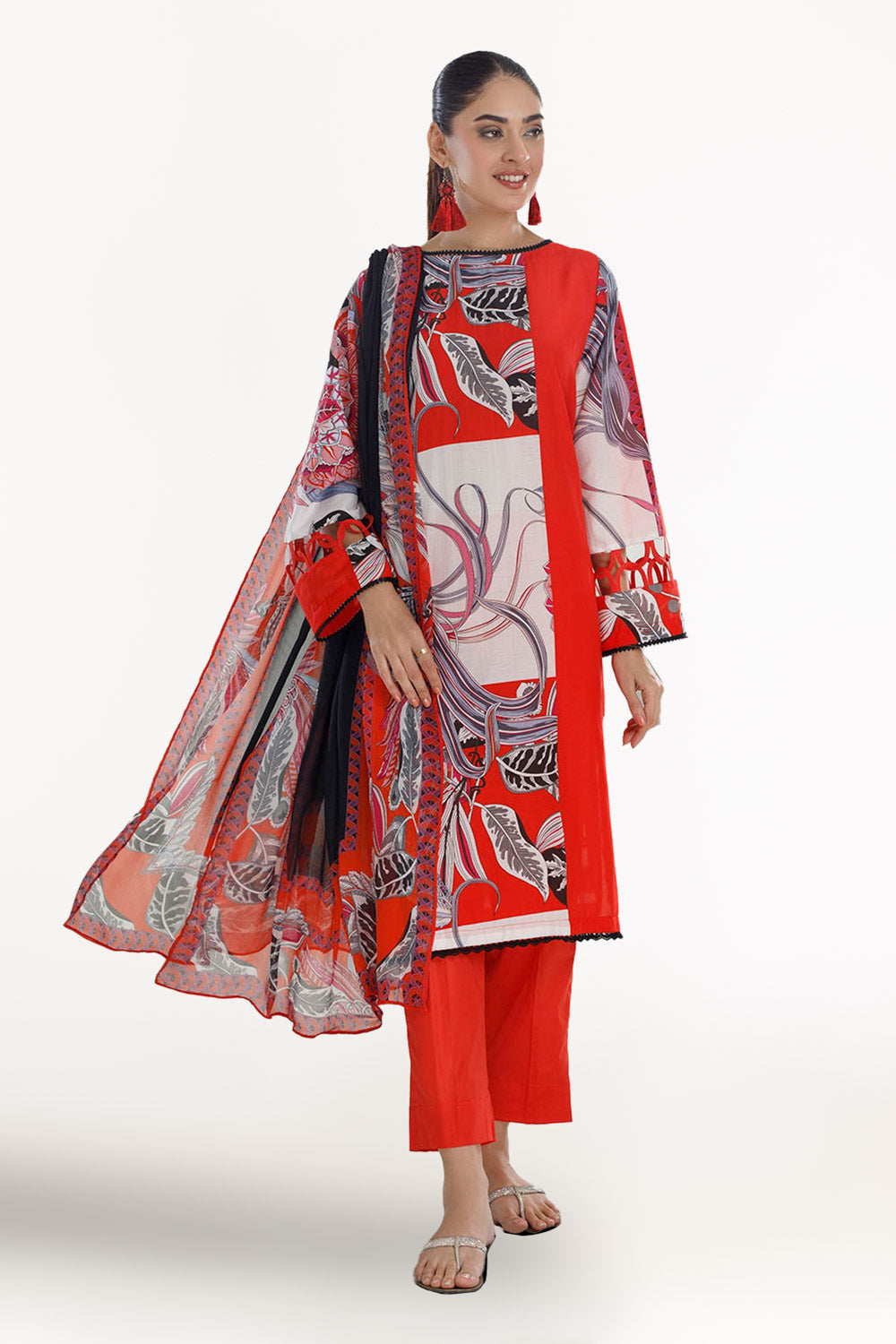 3 Piece Unstitched Printed Cotton Silk Suit with Printed Chiffon Dupatta