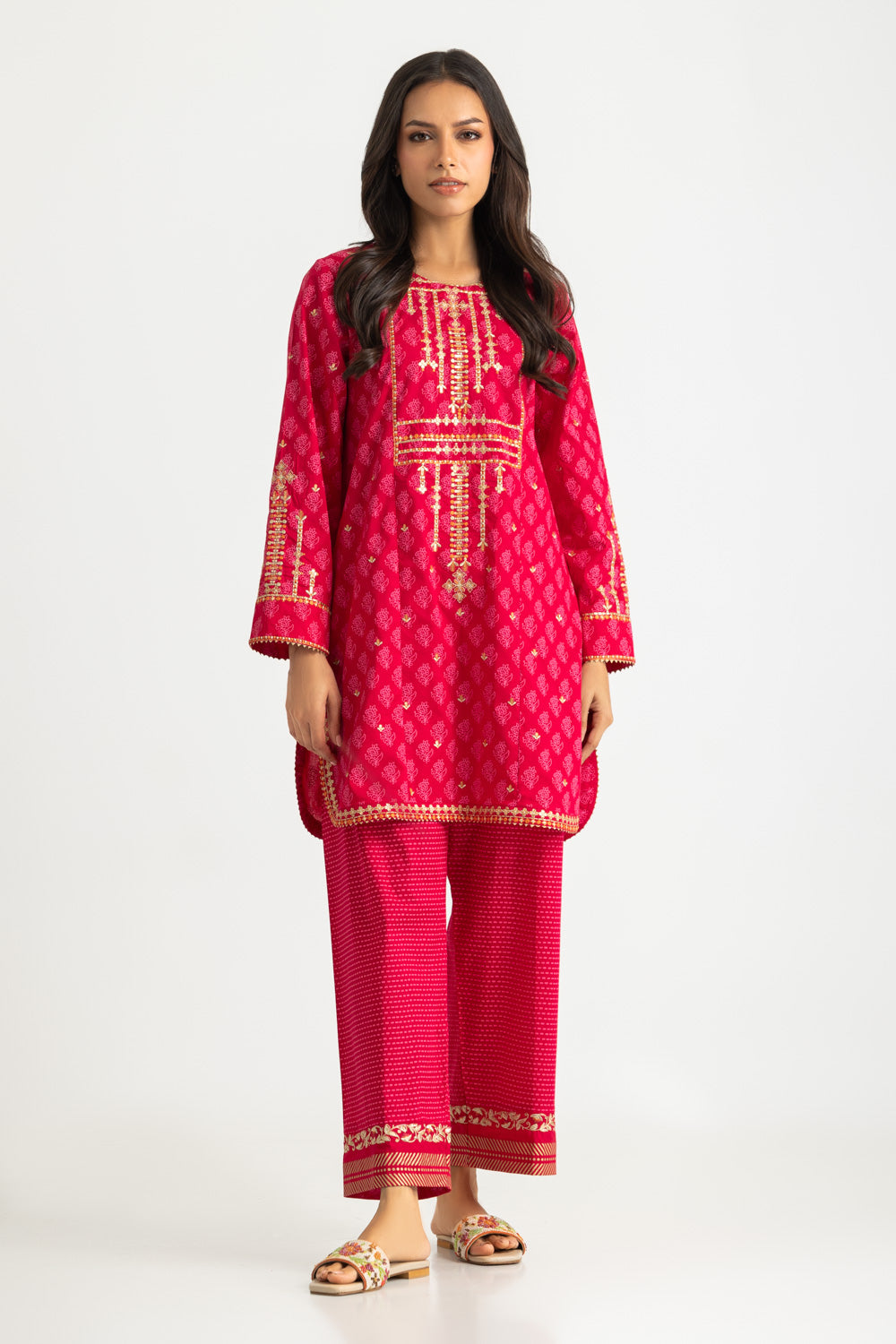 Cambric Block Printed Co-Ord Set With Embroidered
