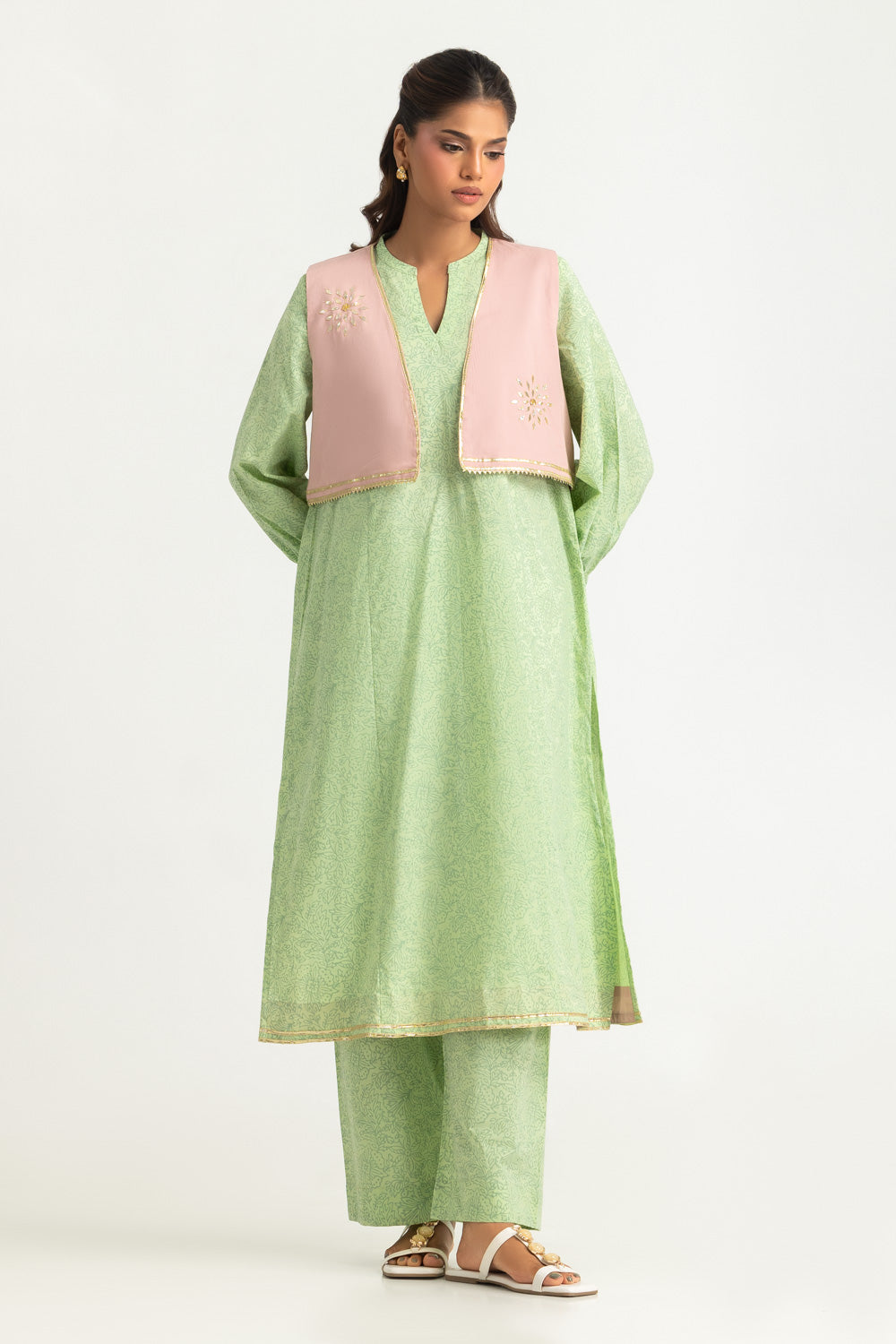 Cambric Block Printed Co-Ord Set With Waistcoat