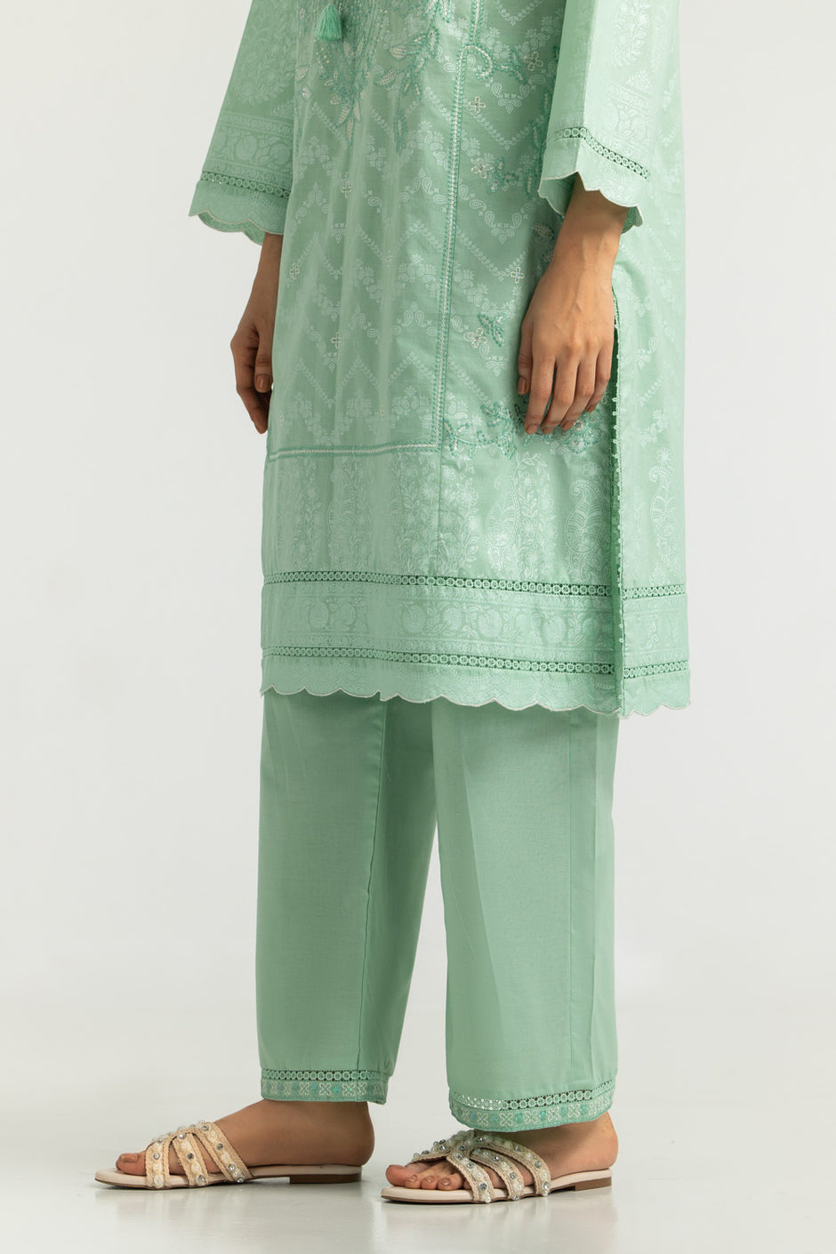 Cambric Embroidered Co-Ord Set With Block Printed