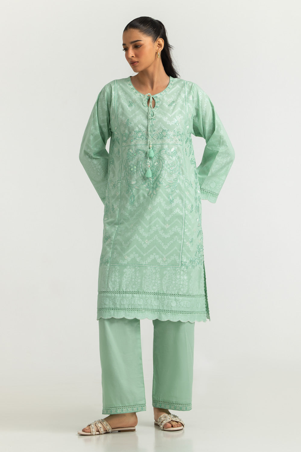 Cambric Embroidered Co-Ord Set With Block Printed