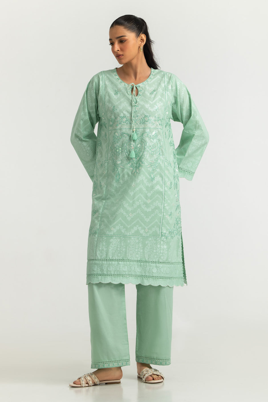 Cambric Embroidered Co-Ord Set With Block Printed