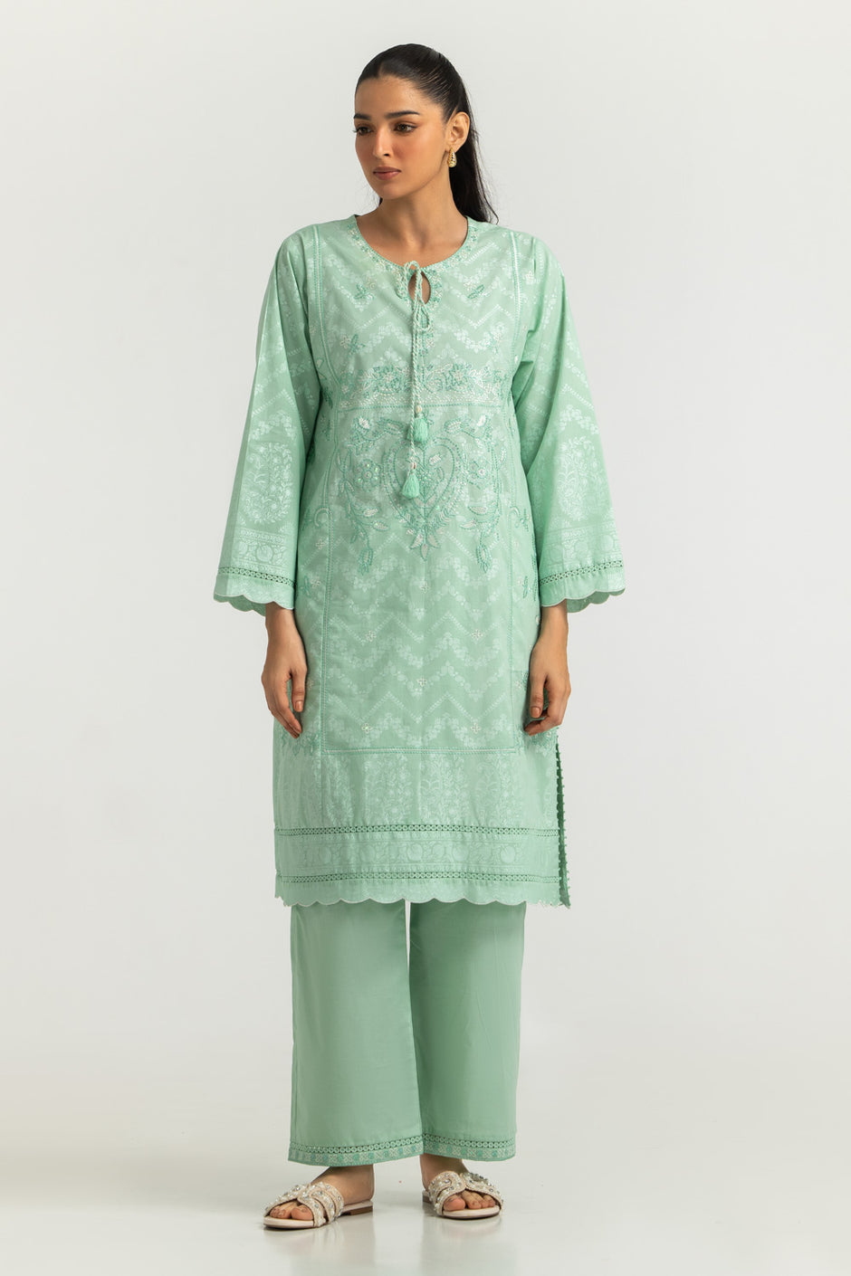 Cambric Embroidered Co-Ord Set With Block Printed