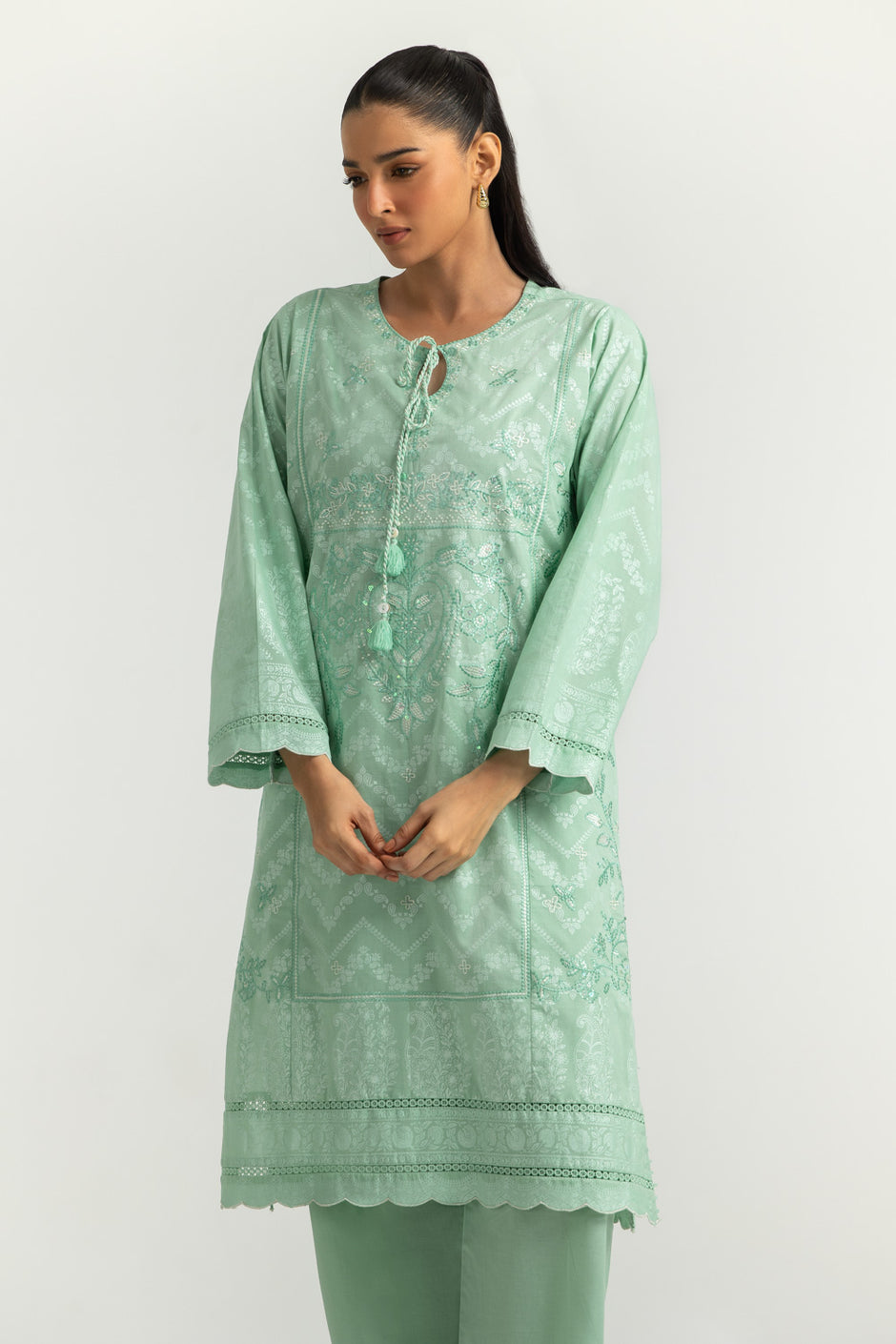 Cambric Embroidered Co-Ord Set With Block Printed