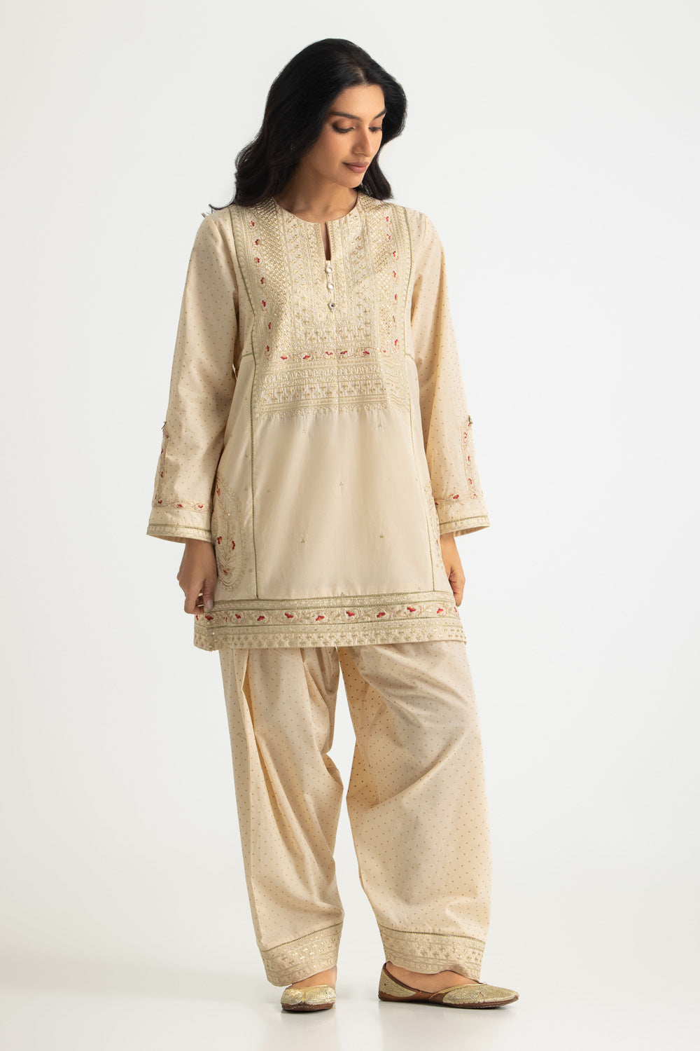 Cambric Embroidered Co-Ord Set With Block Printed