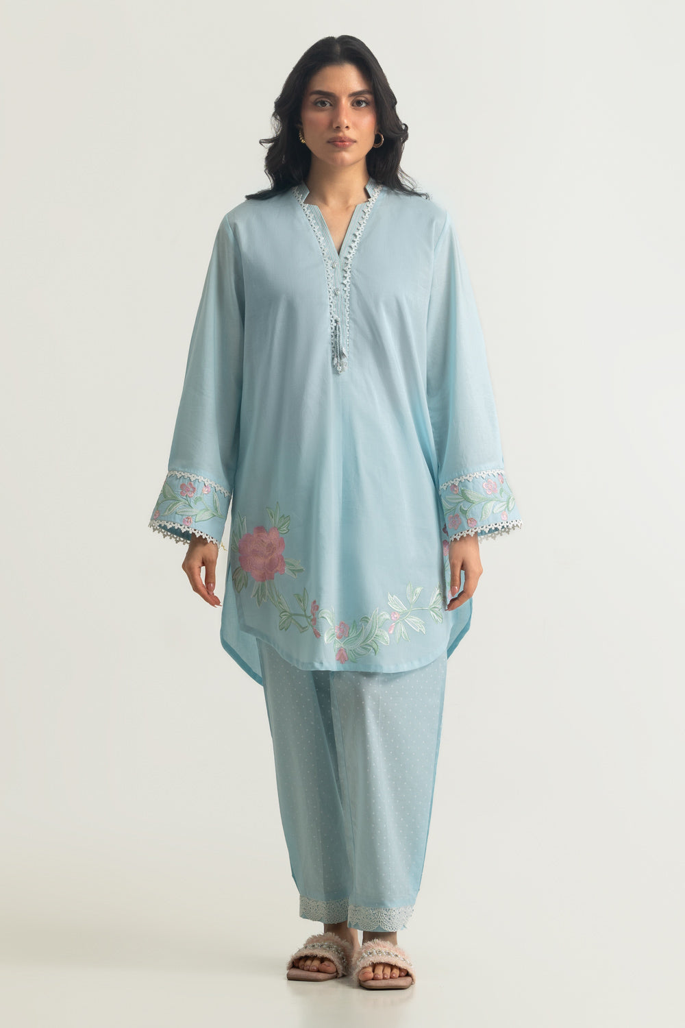 Cambric Embroidered Shirt And Printed Trouser