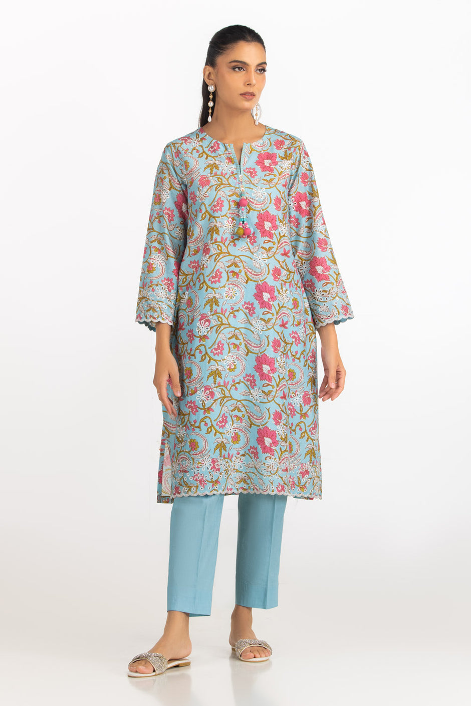 Cambric Printed Co-Ord Set With Embroidered