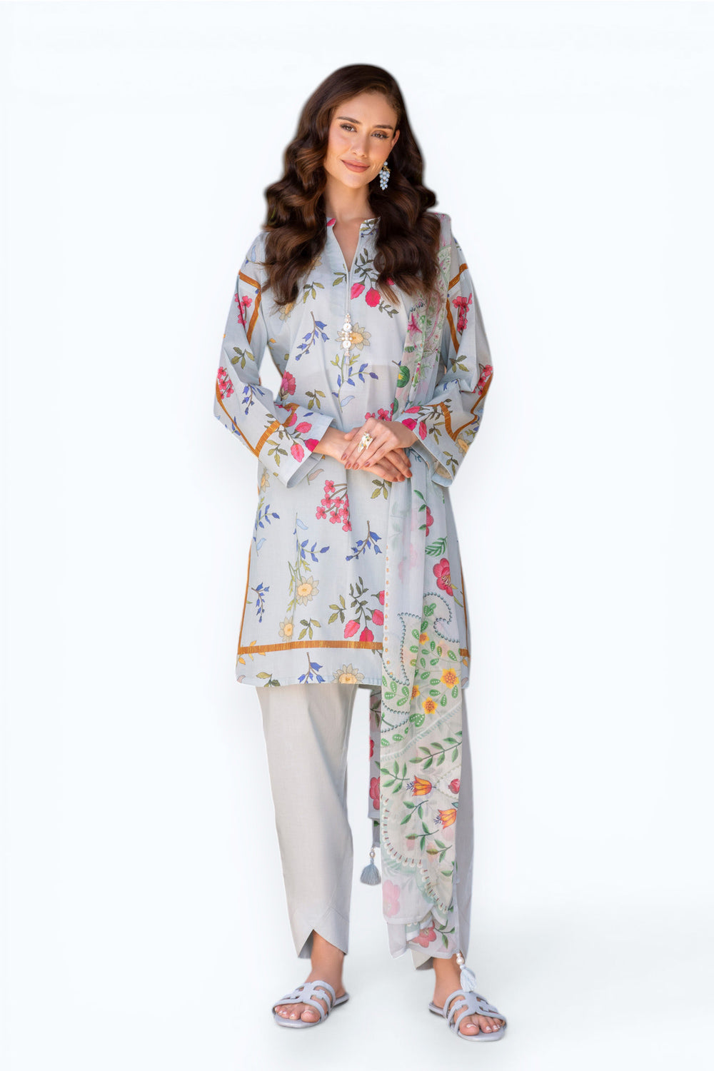 3 Piece Printed Lawn suit with Chiffon Dupatta
