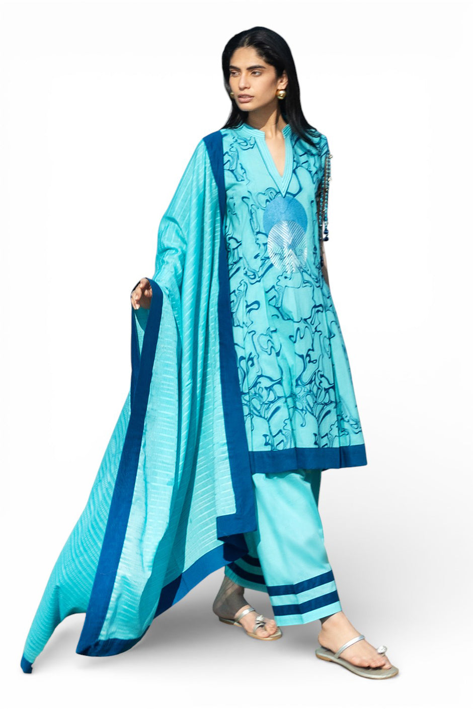 3 Piece Embroidered Jacquard Suit with Cotton Leno Dupatta