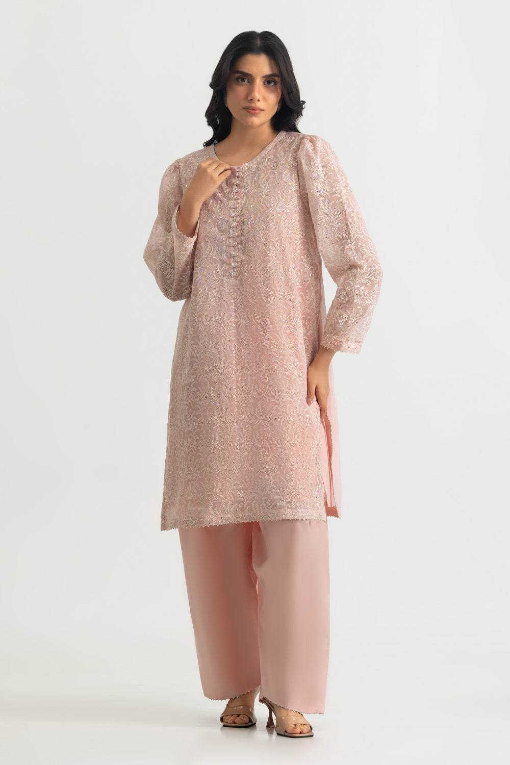 Cotton Net Embroidered Shirt And Dyed Trouser