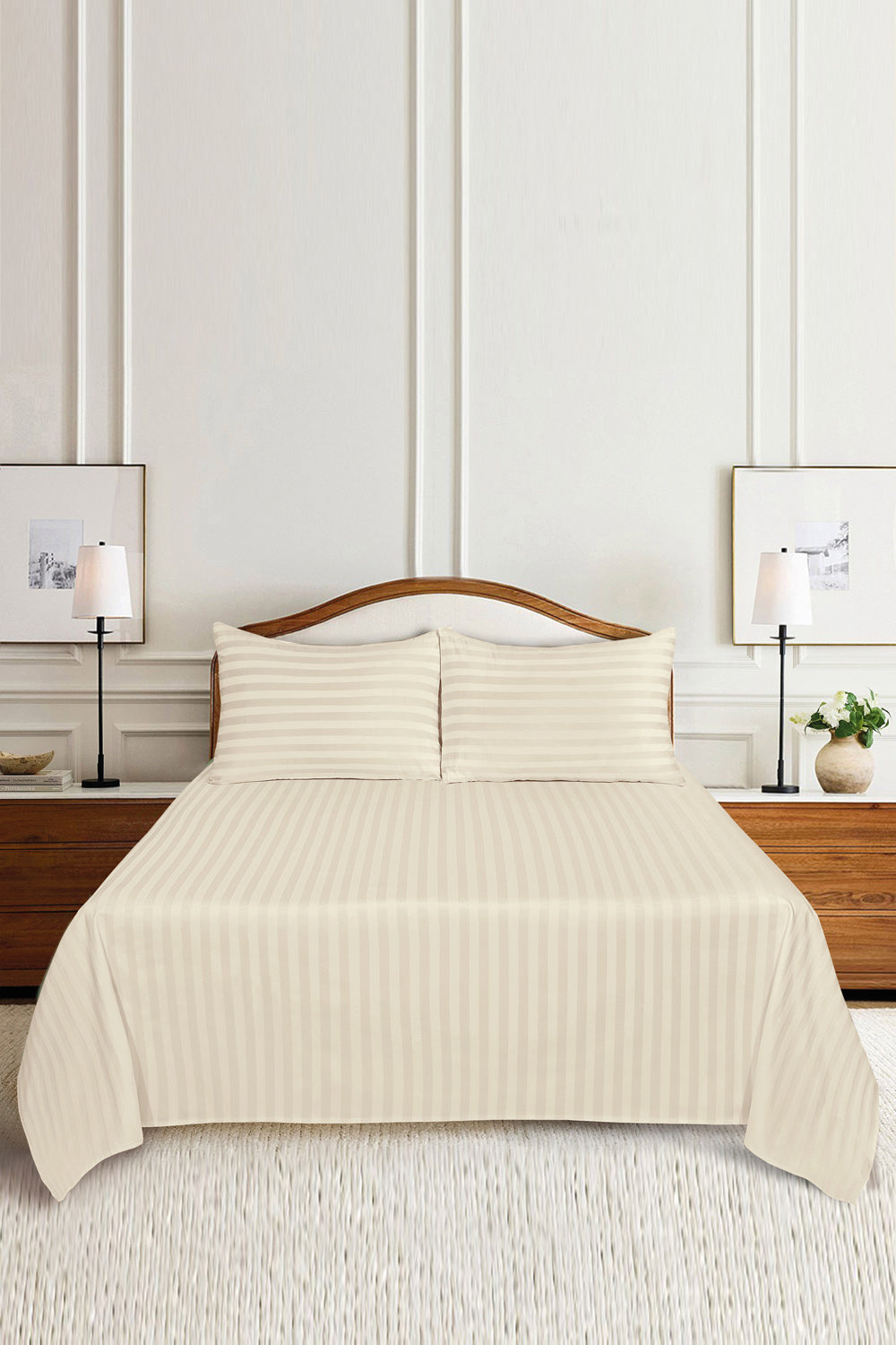Cream Luxury Stripe Bed Sheet Set