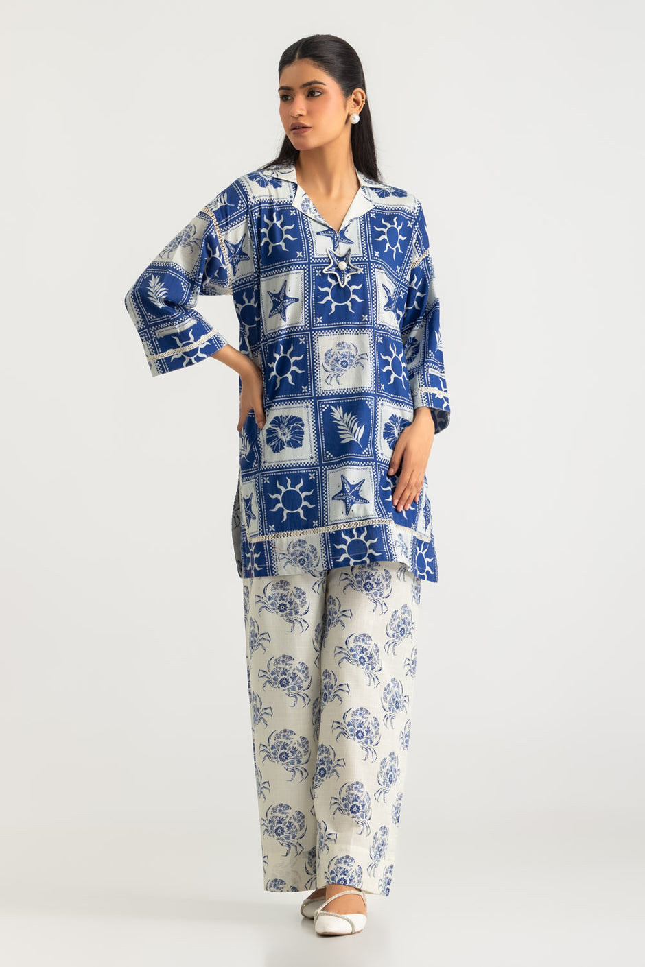 Cross Hatch Printed Co-Ord Set With Embroidered