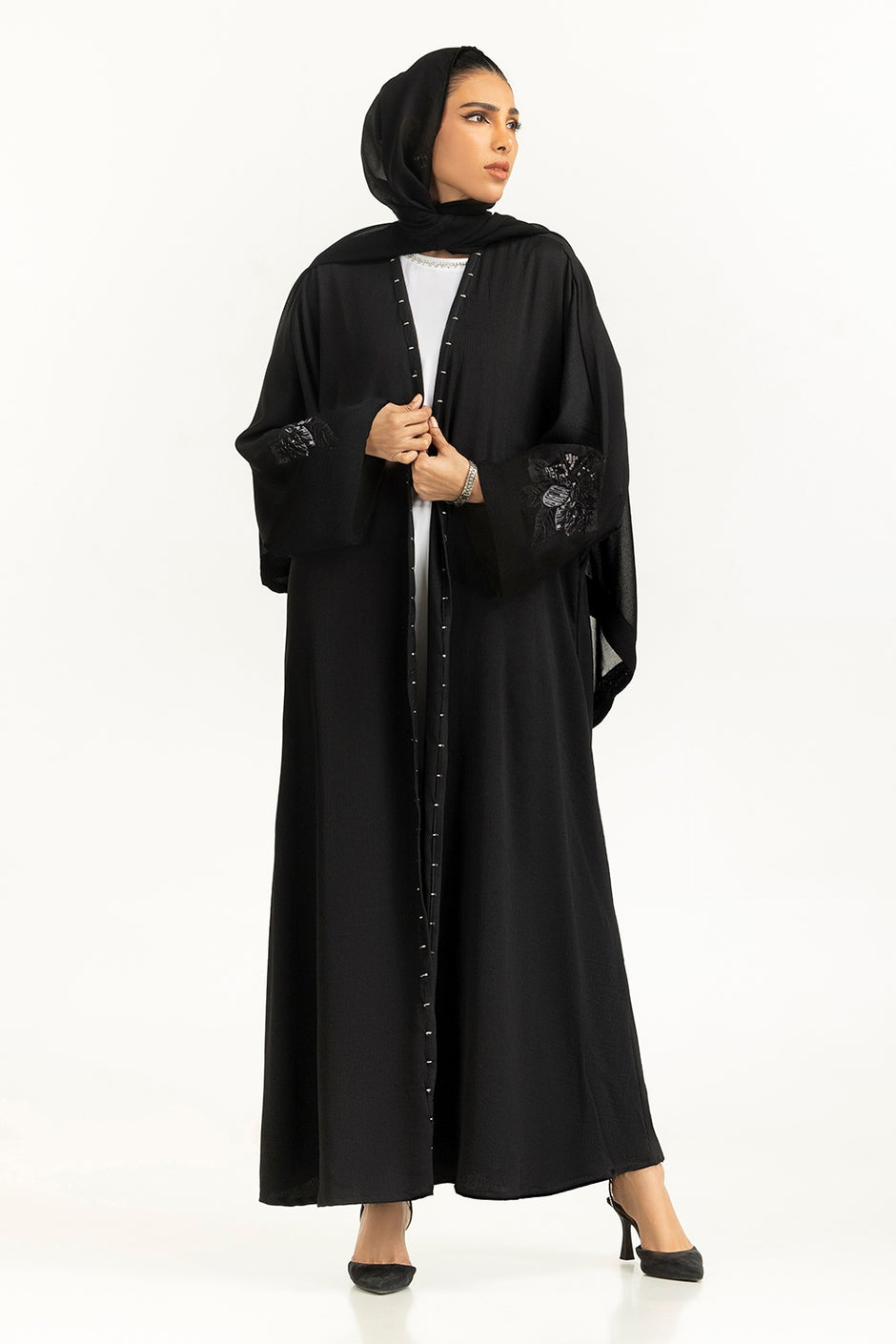 Crush Georgette Embroidered Abaya With Scarf