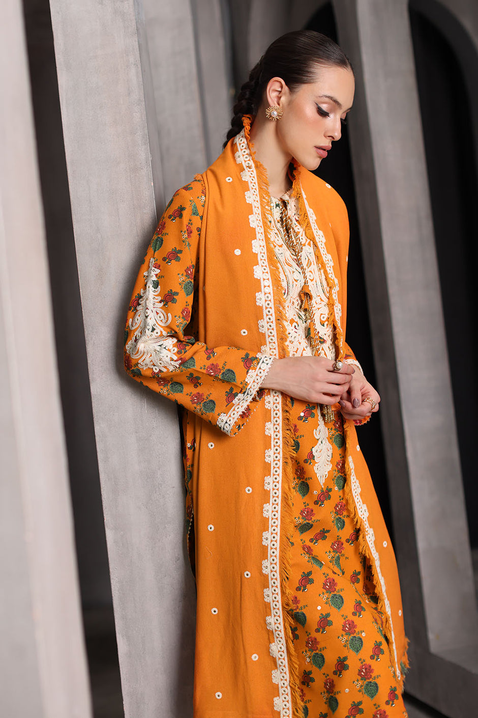 3 Piece Embroidered Printed Karandi Suit with Embroidered Karandi Dupatta