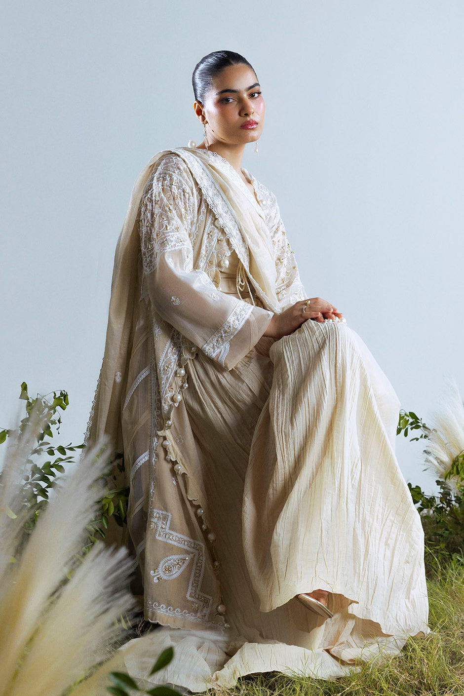 3 Piece Embroidered Mehsuri Suit with Handwork and Raw Silk Trouser