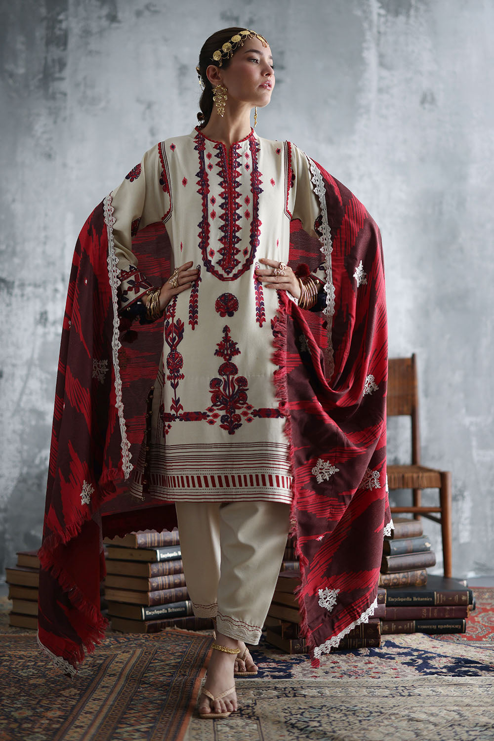 3 Piece Embroidered Karandi Suit with Embroidered Printed Karandi Dupatta