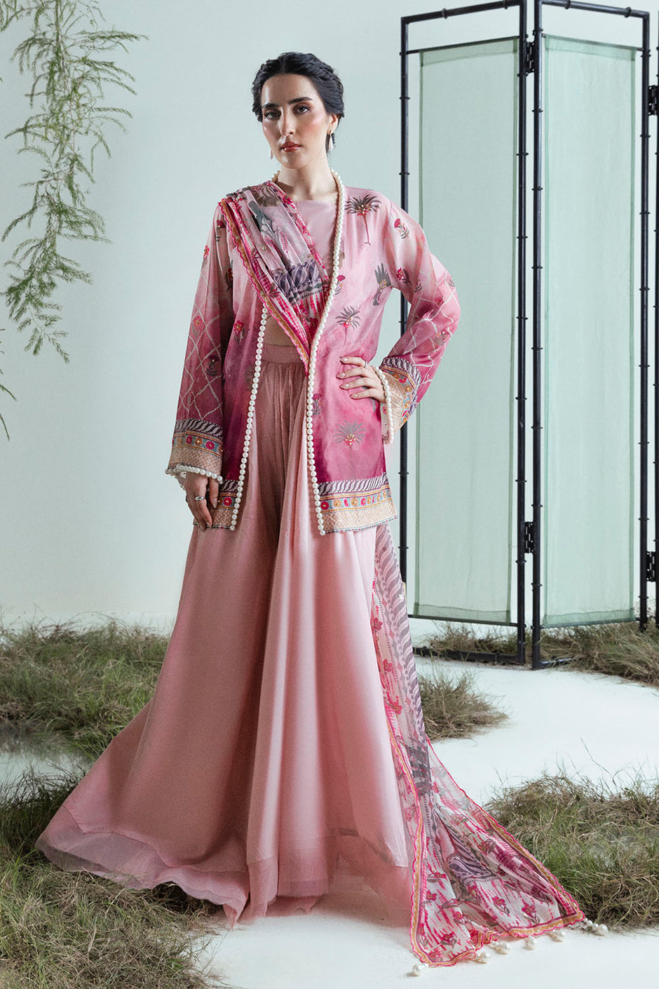 3 Piece Printed Monar Slub Suit with Handwork and Khaddi Net Dupatta