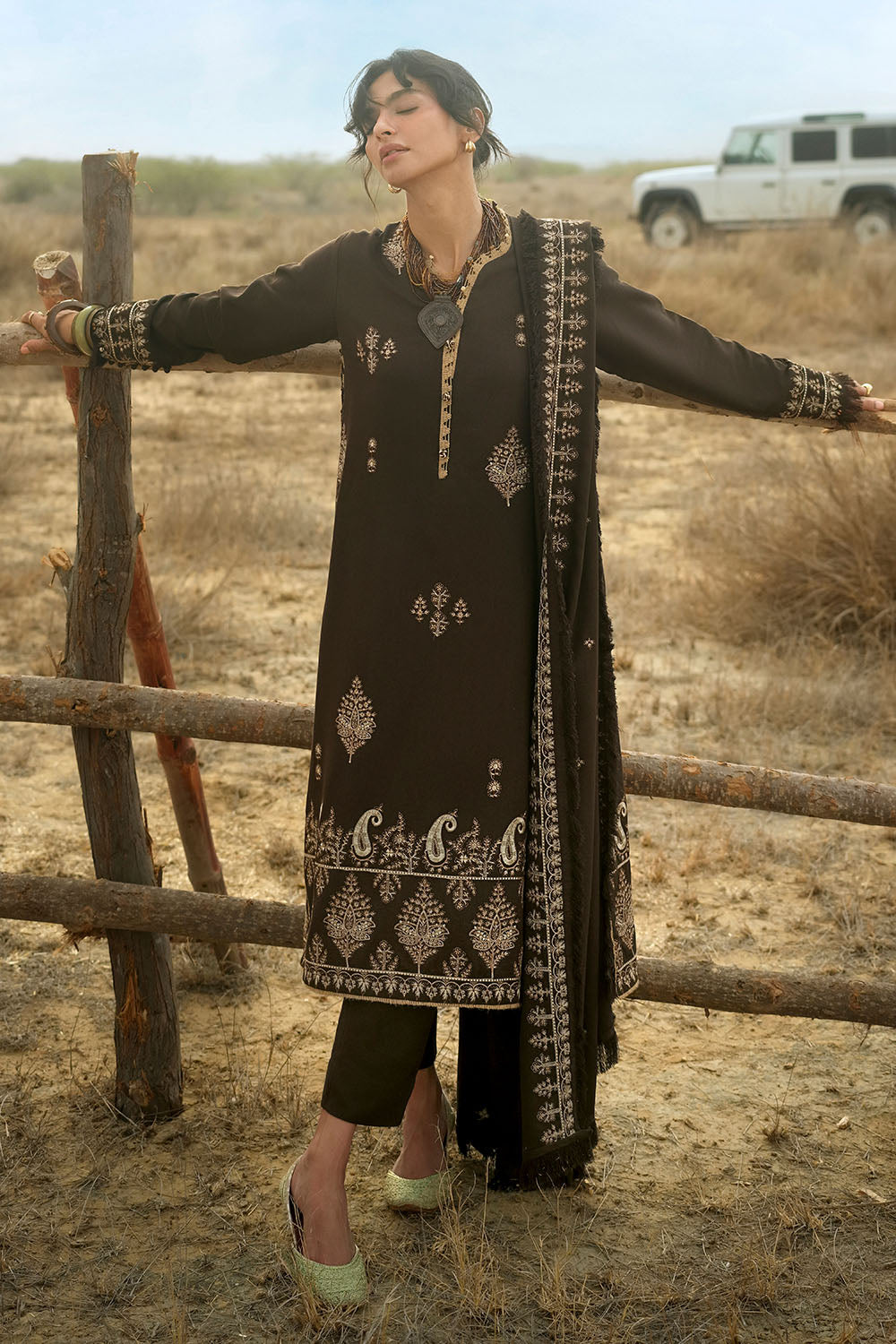 3 Piece Embroidered Karandi Suit with Embroidered Karandi Dupatta