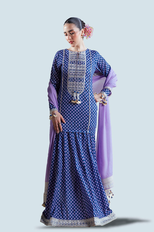 3 Piece Embroidered Gold Printed Lawn Suit with Silk Dupatta FE-52063