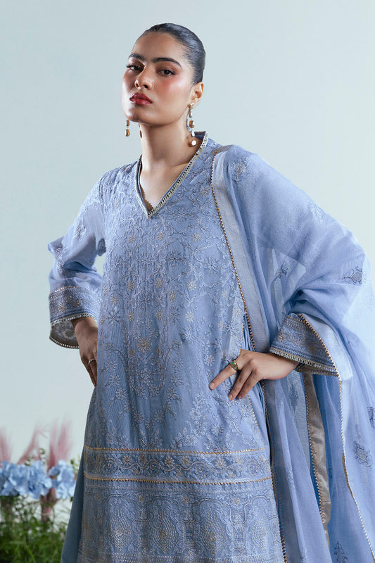 3 Piece Embroidered Cotton Net Suit with Pallu Dupatta FE-52165