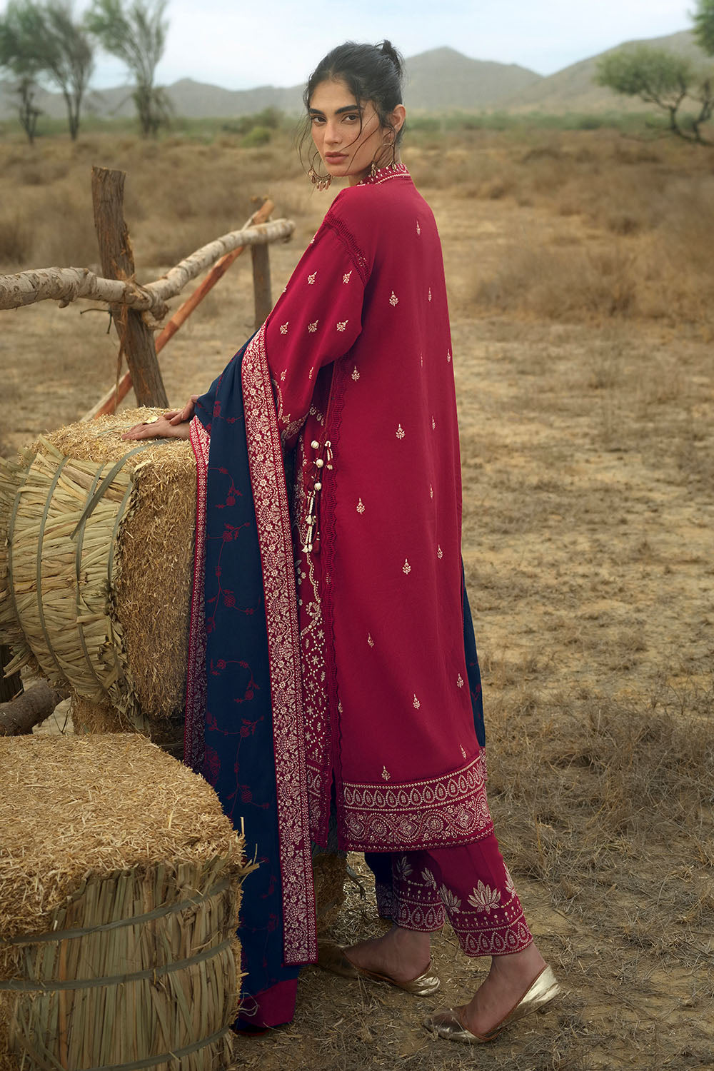 3 Piece Embroidered Karandi Suit with Embroidered Karandi Dupatta